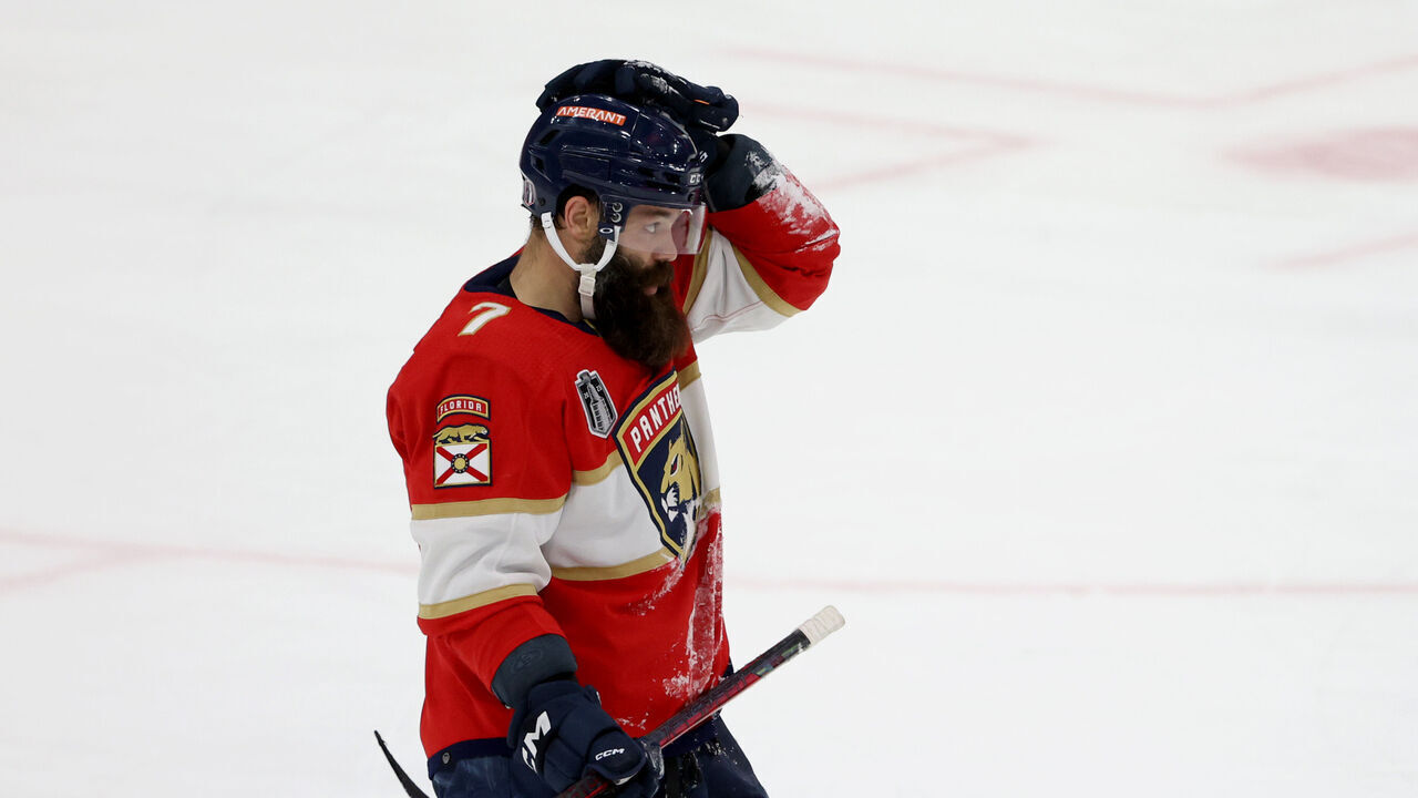 SUNRISE, FLORIDA - JUNE 10: Radko Gudas #7 of the Florida Panthers reacts after a goal by William Karlsson of the Vegas Golden Knights during the second period in Game Four of the 2023 NHL Stanley Cup Final at FLA Live Arena on June 10, 2023 in Sunrise, Florida.