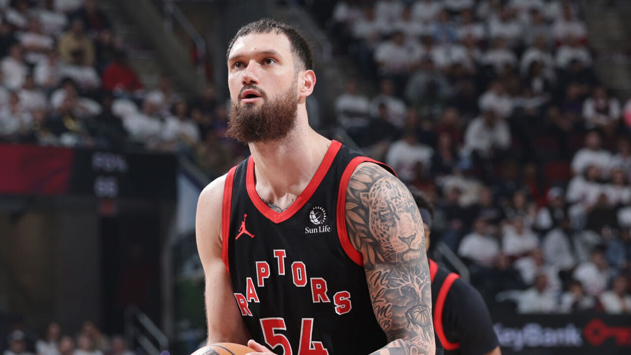 CLEVELAND, OH - APRIL 29: Sandro Mamukelashvili #54 of the Toronto Raptors shoots a free throw during the game against the Cleveland Cavaliers during Round One Game Five of the 2026 NBA Playoffs on April 29, 2026 at Rocket Mortgage FieldHouse in Cleveland, Ohio. NOTE TO USER: User expressly acknowledges and agrees that, by downloading and/or using this Photograph, user is consenting to the terms and conditions of the Getty Images License Agreement. Mandatory Copyright Notice: Copyright 2026 NBAE