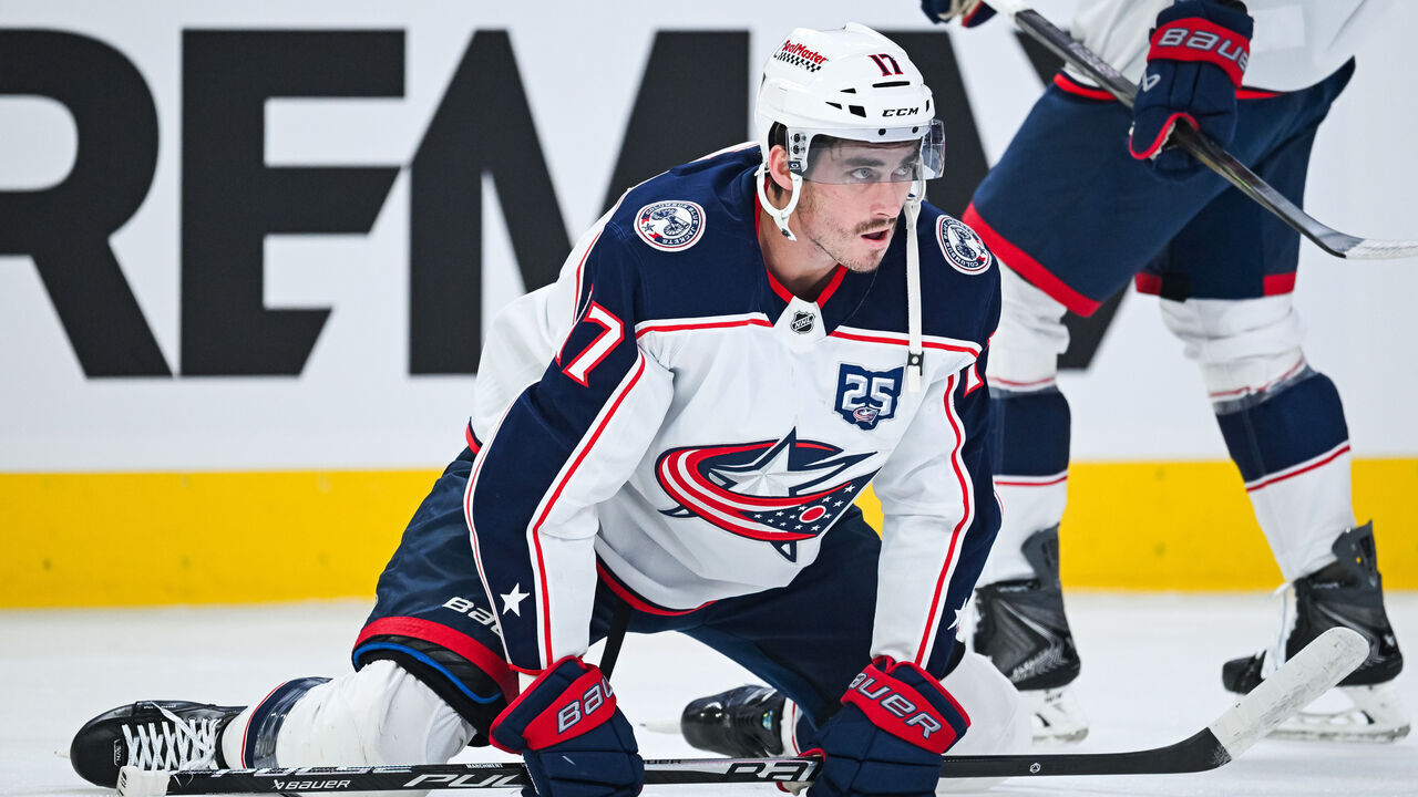 MONTREAL, QC - APRIL 11: Columbus Blue Jackets left wing Mason Marchment (17) stretches during the Columbus Blue Jackets versus the Montreal Canadiens game on April 11, 2026, at Bell Centre in Montreal, QC
