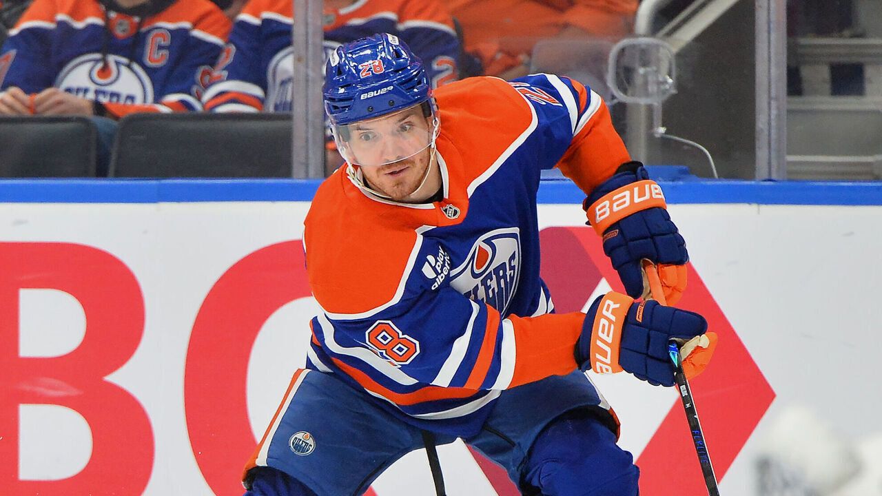 EDMONTON, CANADA - APRIL 28: Jack Roslovic #28 of the Edmonton Oilers skates during Game Five of the First Round of the 2026 Stanley Cup Playoffs against the Anaheim Ducks at Rogers Place on April 28, 2026, in Edmonton, Alberta, Canada.