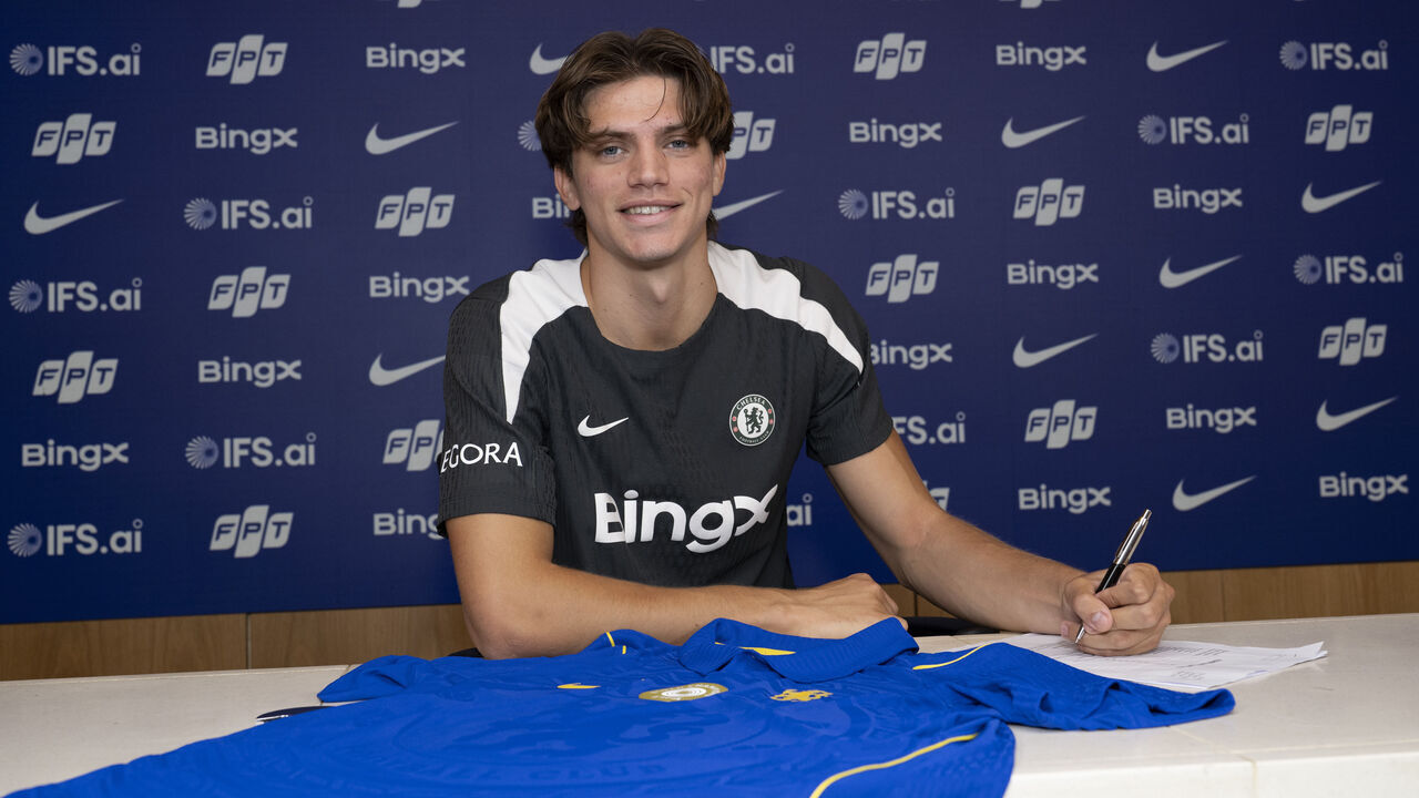 COBHAM, ENGLAND - JULY 1: Chelsea Unveil New Signing Marco Palestra at Chelsea Training Ground on July 1, 2026 in Cobham, England.