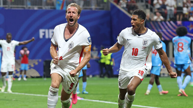 ATLANTA, GEORGIA - JULY 01: Harry Kane #9 of England celebrates with teammate Jude Bellingham #10 after scoring his team's first goal during the FIFA World Cup 2026 Round Of 32 match between England and Congo DR at Atlanta Stadium on July 01, 2026 in Atlanta, Georgia.