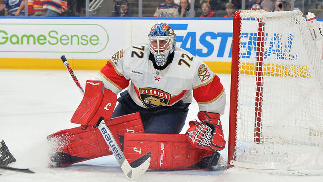 EDMONTON, CANADA - MARCH 19: Sergei Bobrovsky #72 of the Florida Panthers in action during the game against the Edmonton Oilers at Rogers Place on March 19, 2026, in Edmonton, Alberta, Canada.