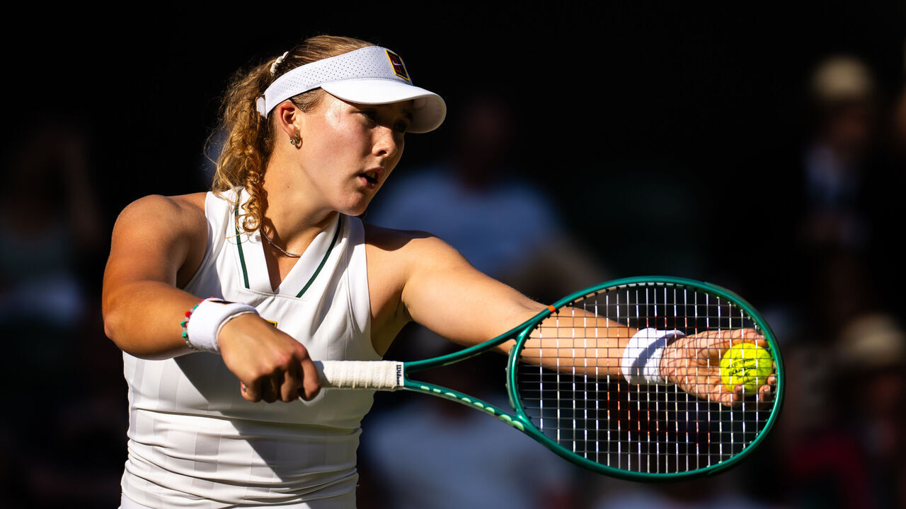 LONDON, ENGLAND - JULY 01: Mirra Andreeva in action against Barbora Krejcikova of the Czech Republic in the second round on Day Three of The Championships Wimbledon 2026 at All England Lawn Tennis and Croquet Club on July 01, 2026 in London, England
