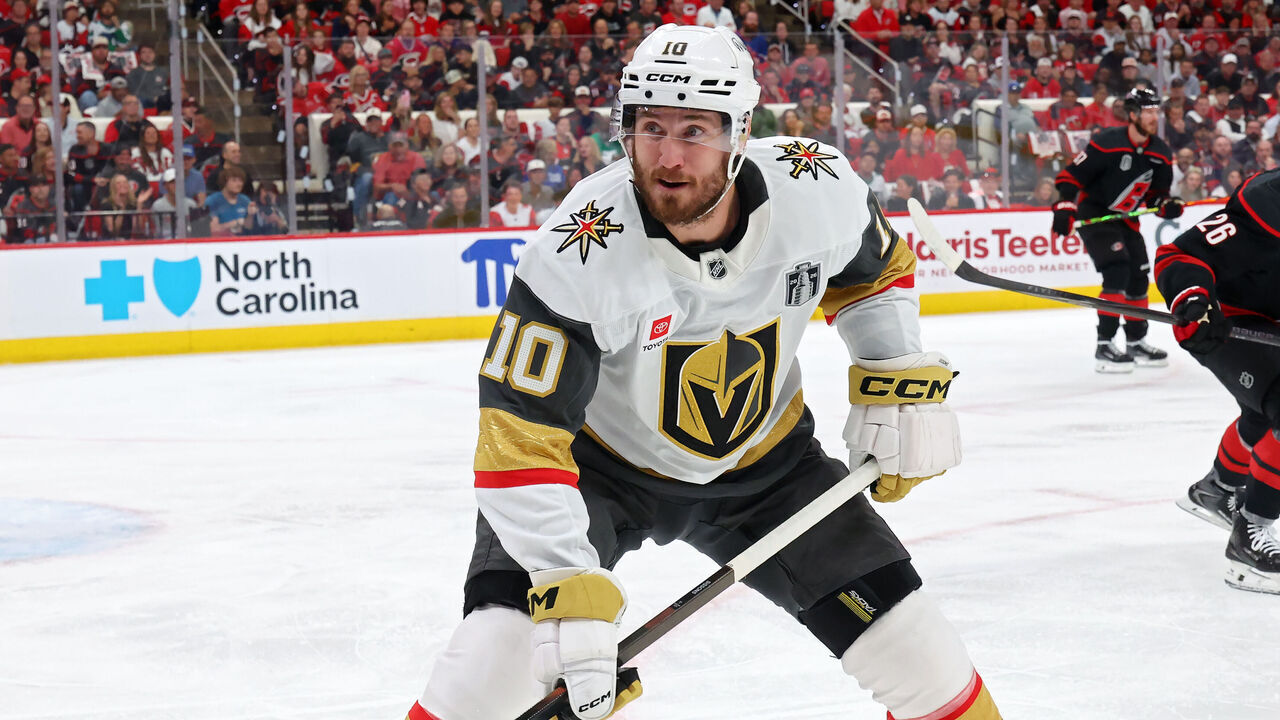 RALEIGH, NORTH CAROLINA - JUNE 02: Colton Sissons #10 of the Vegas Golden Knights skates against the Carolina Hurricanes during the first period in Game One of the 2026 Stanley Cup Final at Lenovo Center on June 02, 2026 in Raleigh, North Carolina.
