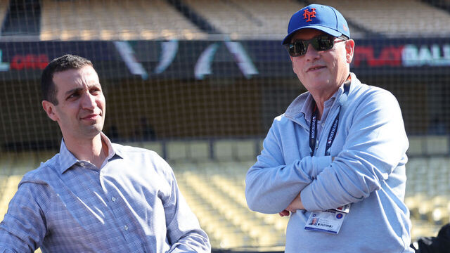 Los Angeles, California: New York Mets general manager David Stearns with New York Mets owner Steve Cohen during Game 1 of the National League Championship Series against the Dodgers at Dodger Stadium in Los Angeles on October 13, 2024.