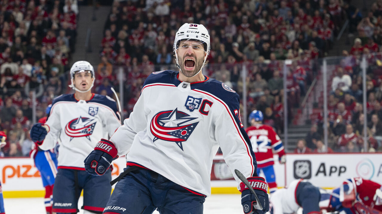 MONTREAL, CANADA- APRIL 11: Boone Jenner #38 of the Columbus Blue Jackets celebrates after scoring a goal during the first period of the NHL regular season game between the Montreal Canadiens and the Columbus Blue Jackets at the Bell Centre on April 11, 2026 in Montreal, Quebec, Canada.