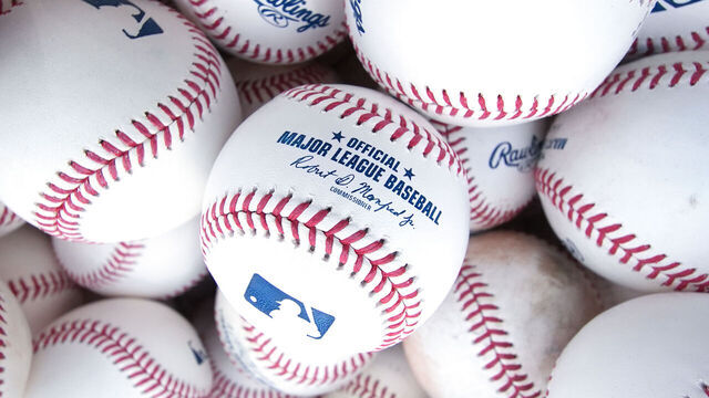 CINCINNATI, OHIO - JUNE 18: Generic view of Rawlings baseball stacked on top of each other during batting practice before the game between the at Great American Ball Park on June 18, 2025 in Cincinnati, Ohio.