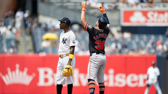 NEW YORK, NY - JULY 01: Kerry Carpenter #30 of the Detroit Tigers singles in the sixth inning during the game between the Detroit Tigers and the New York Yankees at Yankee Stadium on Wednesday, July 1, 2026 in New York, New York.