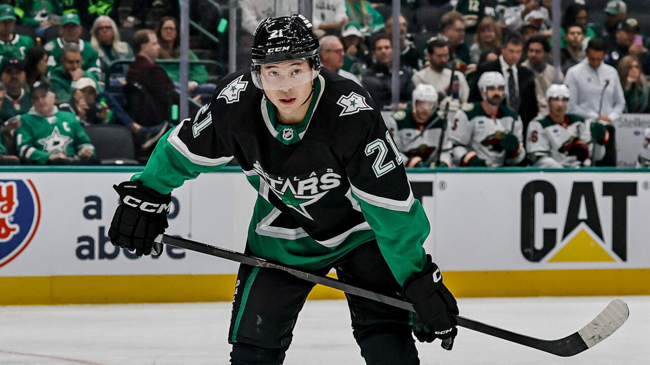 DALLAS, TX - APRIL 18: Dallas Stars left wing Jason Robertson (21) waits for play to begin during the Stanley Cup Playoffs First Round game 1 between the Dallas Stars and the Minnesota Wild on April 18, 2026 at American Airlines Center in Dallas, TX.