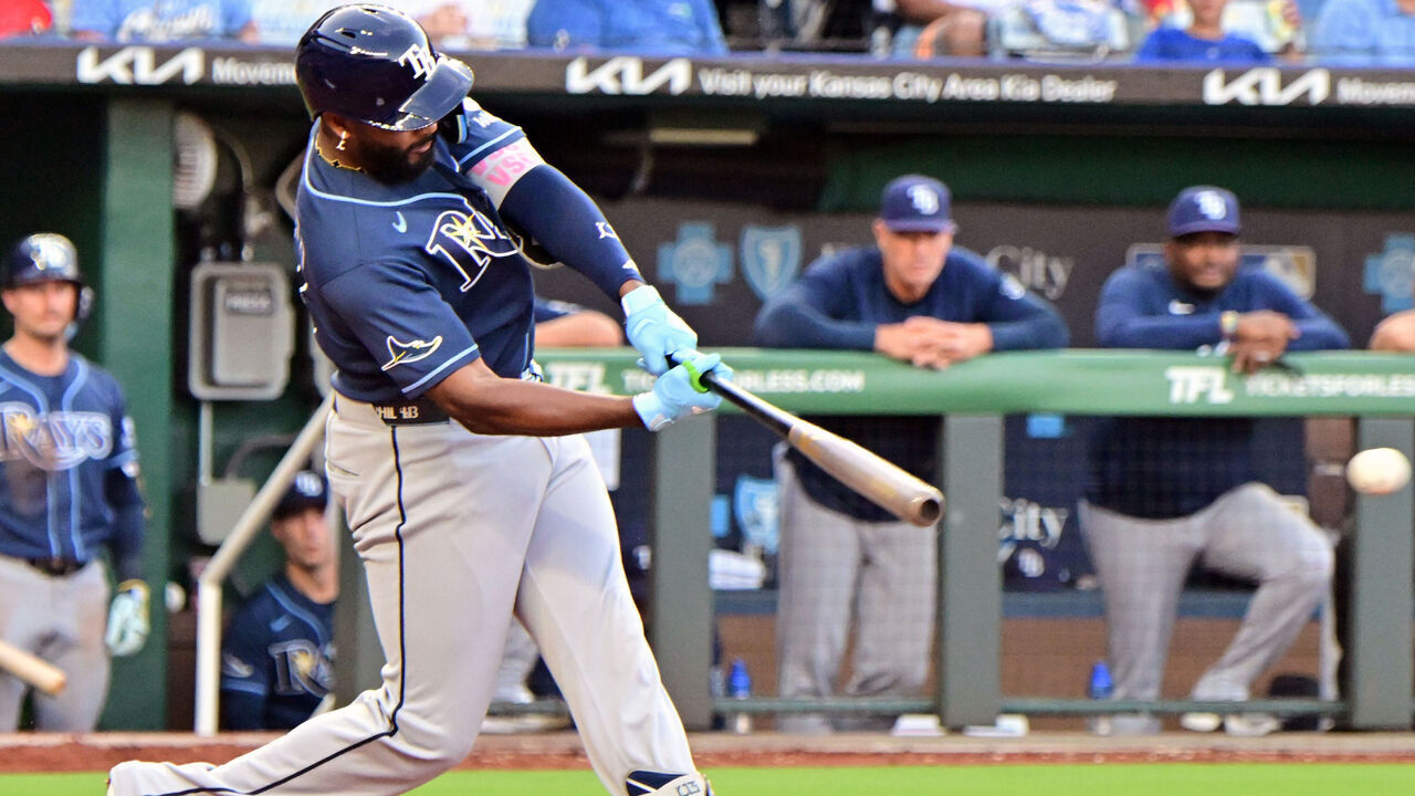 KANSAS CITY, MO - JUNE 30: Tampa Bay Rays third baseman Junior Caminero (13) singles in the fourth inning during a MLB game between the Tampa Bay Rays and the Kansas City Royals on June 30, 2026, at Kauffman Stadium in Kansas City, MO.