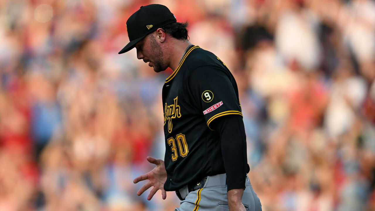 PHILADELPHIA, PA - JULY 01: Pittsburgh Pirates pitcher Paul Skenes #30 reacts during the game between the Philadelphia Phillies and the Pittsburg Pirates on July 1st, 2026 at Citizens Bank Park in Philadelphia, PA.