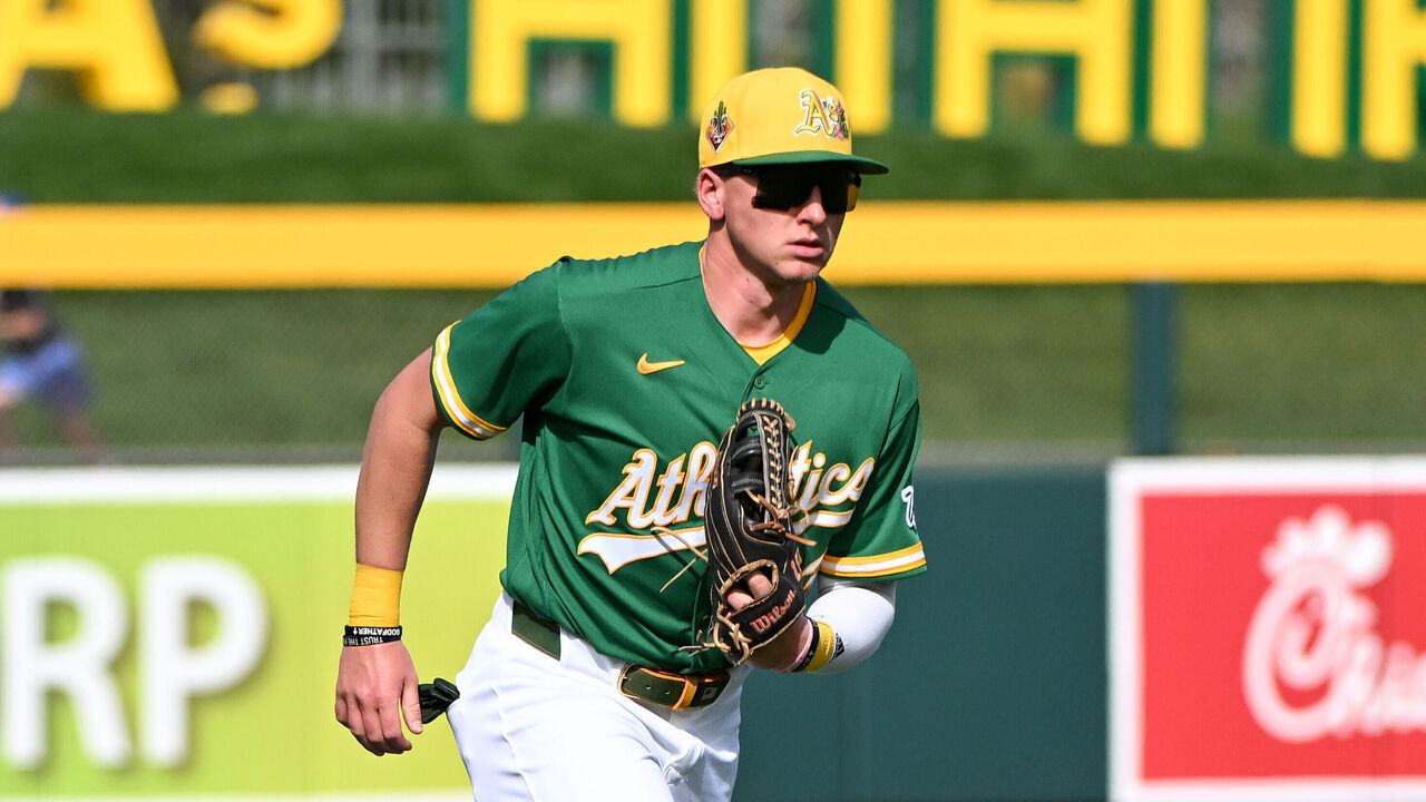 MESA, ARIZONA - FEBRUARY 26, 2026: Ryan Lasko #93 of the Athletics runs off the field during the seventh inning of a spring training game against the Texas Rangers at Hohokam Stadium on February 26, 2026 in Mesa, Arizona.