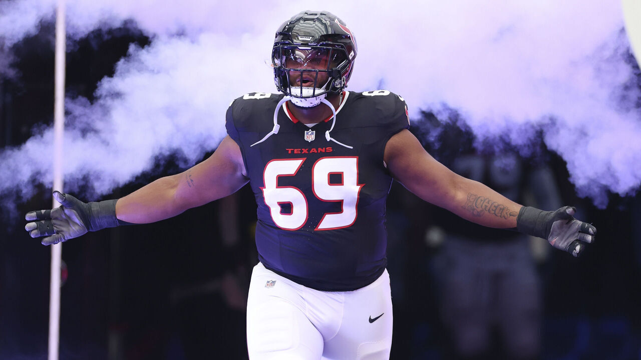 HOUSTON, TEXAS - NOVEMBER 2: Ed Ingram #69 of the Houston Texans runs on to the field prior to an NFL football game against the Denver Broncos at NRG Stadium on November 2, 2025 in Houston, Texas.