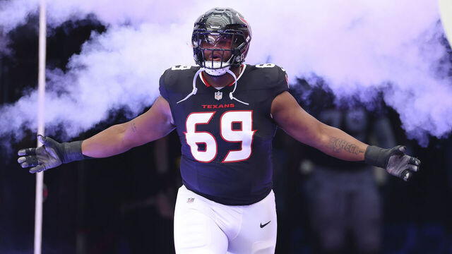 HOUSTON, TEXAS - NOVEMBER 2: Ed Ingram #69 of the Houston Texans runs on to the field prior to an NFL football game against the Denver Broncos at NRG Stadium on November 2, 2025 in Houston, Texas.