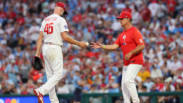PHILADELPHIA, PENNSYLVANIA - JULY 1: Zack Wheeler #45 of the Philadelphia Phillies is removed from the game by manager Don Mattingly #8 in the fifth inning during a game against the Pittsburgh Pirates at Citizens Bank Park on July 1, 2026 in Philadelphia, Pennsylvania.