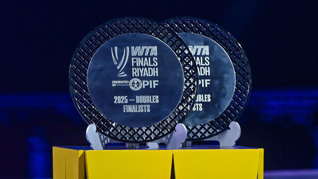 RIYADH, SAUDI ARABIA NOVEMBER 8: Two runner-up trophies are displayed ahead of the awards ceremony for the doubles final on Day 8 of the 2025 WTA Finals, part of the Hologic WTA Tour, at King Saud University Indoor Arena in Riyadh, Saudi Arabia, on November 8, 2025.