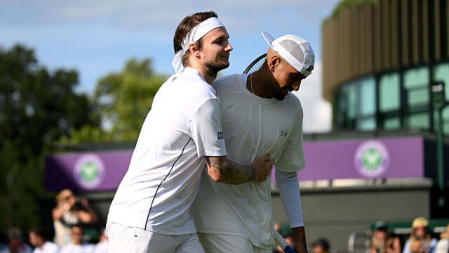 LONDON, ENGLAND - JULY 01: Nick Kyrgios of Australia and Alexander Bublik of Kazakhstan interact against Marcelo Arevalo of El Salvador and Mate Pavic of Croatia during their Gentlemen's Doubles first round match on day three of The Championships Wimbledon 2026 at All England Lawn Tennis and Croquet Club on July 01, 2026 in London, England.