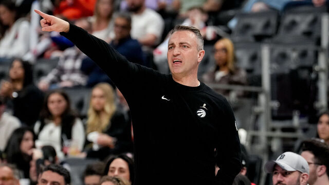 DETROIT, MICHIGAN - MARCH 31: Head coach Darko Rajakovic of the Toronto Raptors points and reacts against the Detroit Pistons at Little Caesars Arena on March 31, 2026 in Detroit, Michigan.