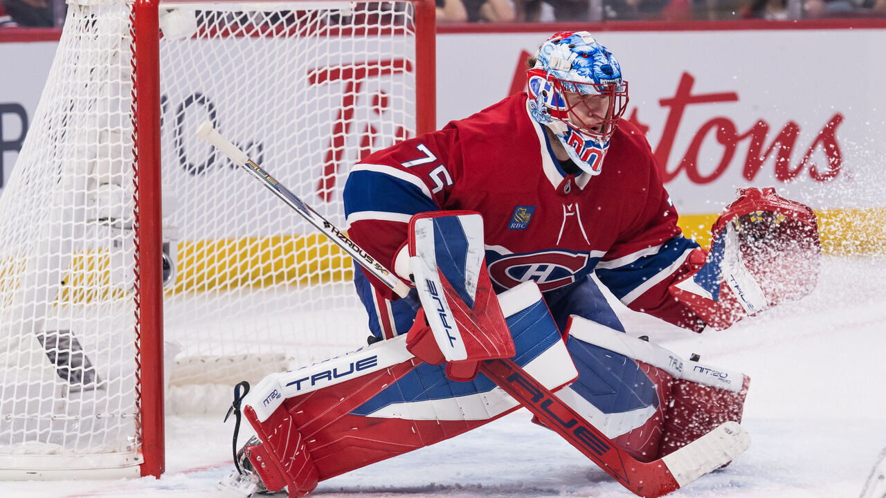 MONTREAL, QC - MAY 27: Jakub Dobes (75) of the Montréal Canadiens tends net during the thirdperiod of Game Four of the NHL Stanley Cup Playoffs Eastern Conference Final between the Carolina Hurricanes and the Montreal Canadiens on May 27, 2026, at the Bell Centre in Montreal, QC