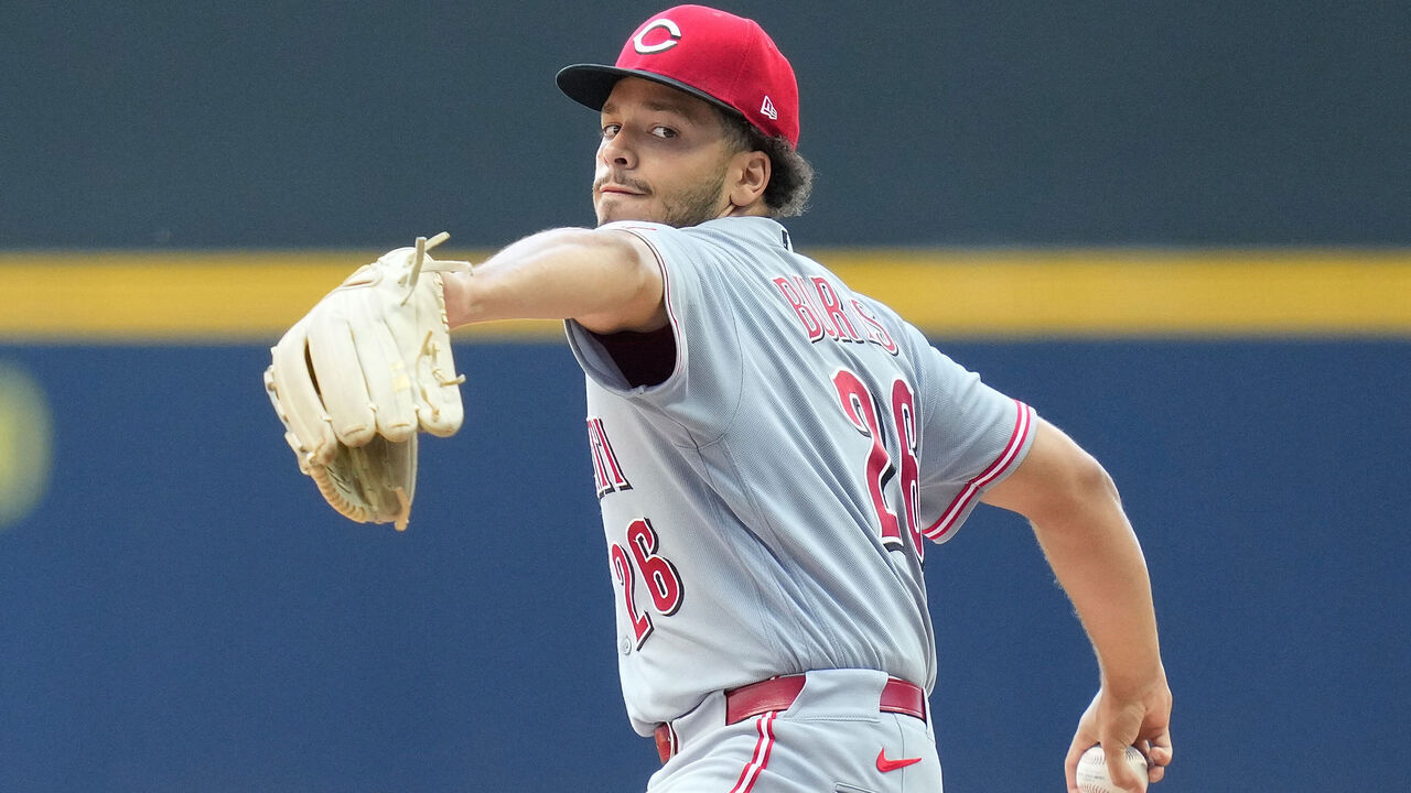 MILWAUKEE, WISCONSIN - JULY 02: Chase Burns #26 of the Cincinnati Reds throws a pitch in the first inning against the Milwaukee Brewers at American Family Field on July 02, 2026 in Milwaukee, Wisconsin.
