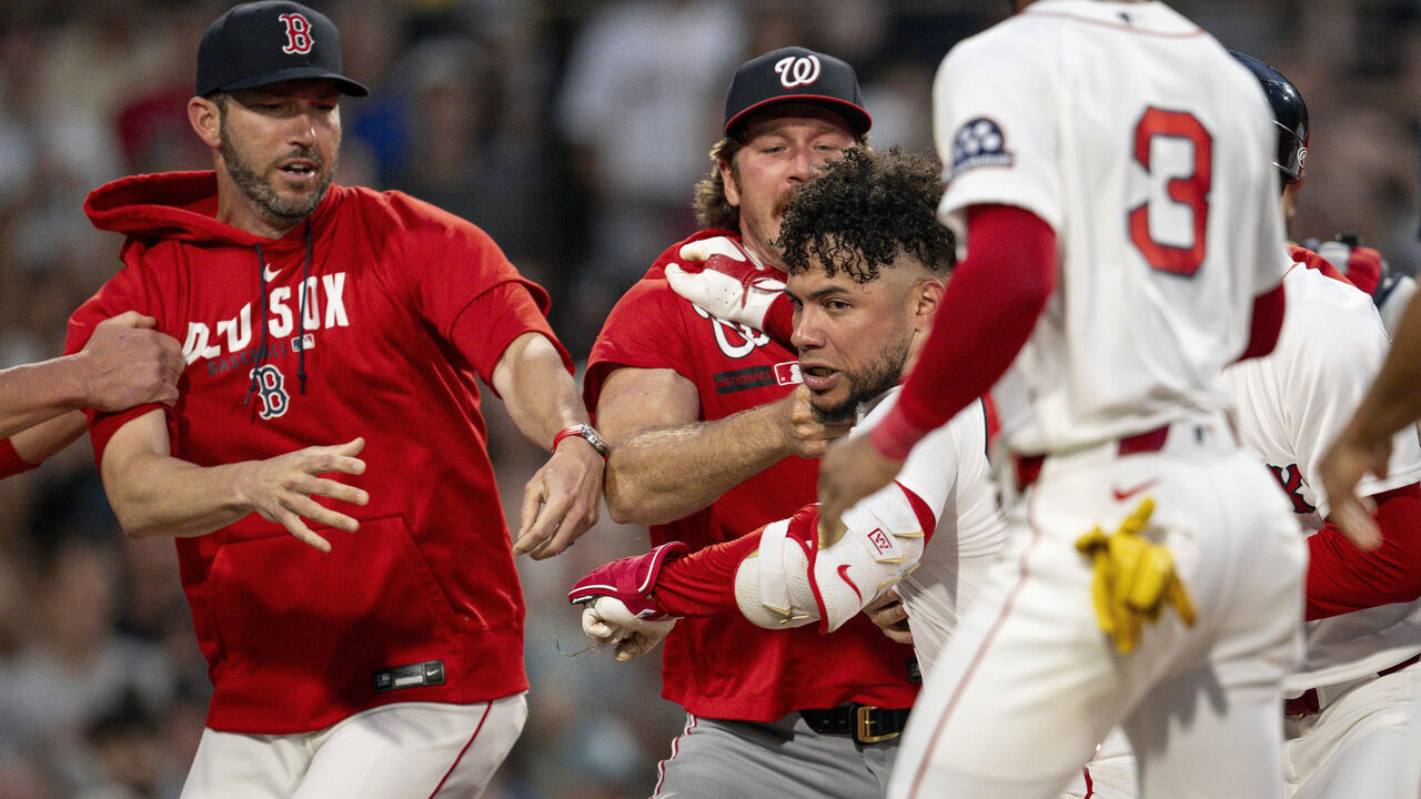 BOSTON, MASSACHUSETTS - JUNE 30: Willson Contreras #40 of the Boston Red Sox reacts during a benches-clearing altercation during the fourth inning of a game against the Washington Nationals on June 30, 2026 at Fenway Park in Boston, Massachusetts.