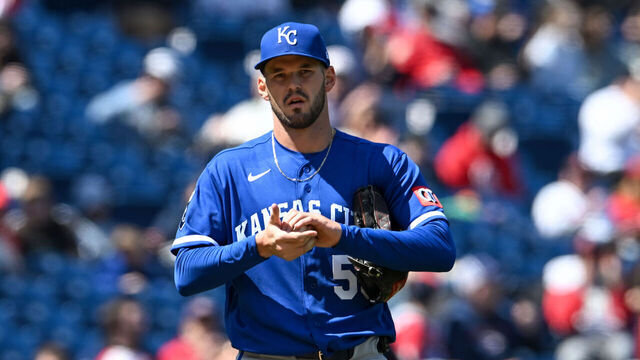 CLEVELAND, OHIO - APRIL 08: Cole Ragans #55 of the Kansas City Royals looks on during the first inning against the Cleveland Guardians at Progressive Field on April 08, 2026 in Cleveland, Ohio.