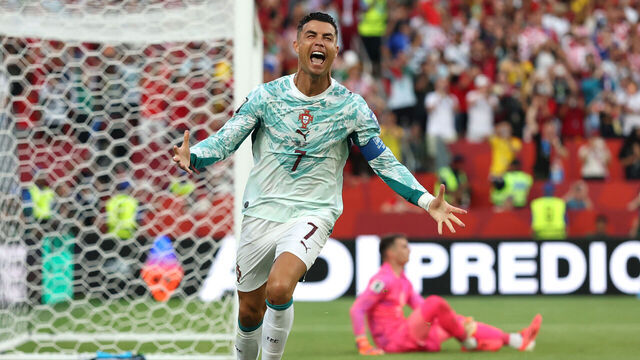 TORONTO, ONTARIO - JULY 02: Cristiano Ronaldo #7 of Portugal celebrates after scoring his team’s first goal during the FIFA World Cup 2026 Round of 32 match between Portugal and Croatia at Toronto Stadium on July 02, 2026 in Toronto, Ontario.