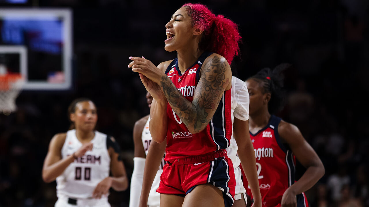 WASHINGTON, DC - JULY 02: Shakira Austin #0 of the Washington Mystics celebrates after a play against the Atlanta Dream during the second half of the game at CareFirst Arena on July 2, 2026 in Washington, DC.