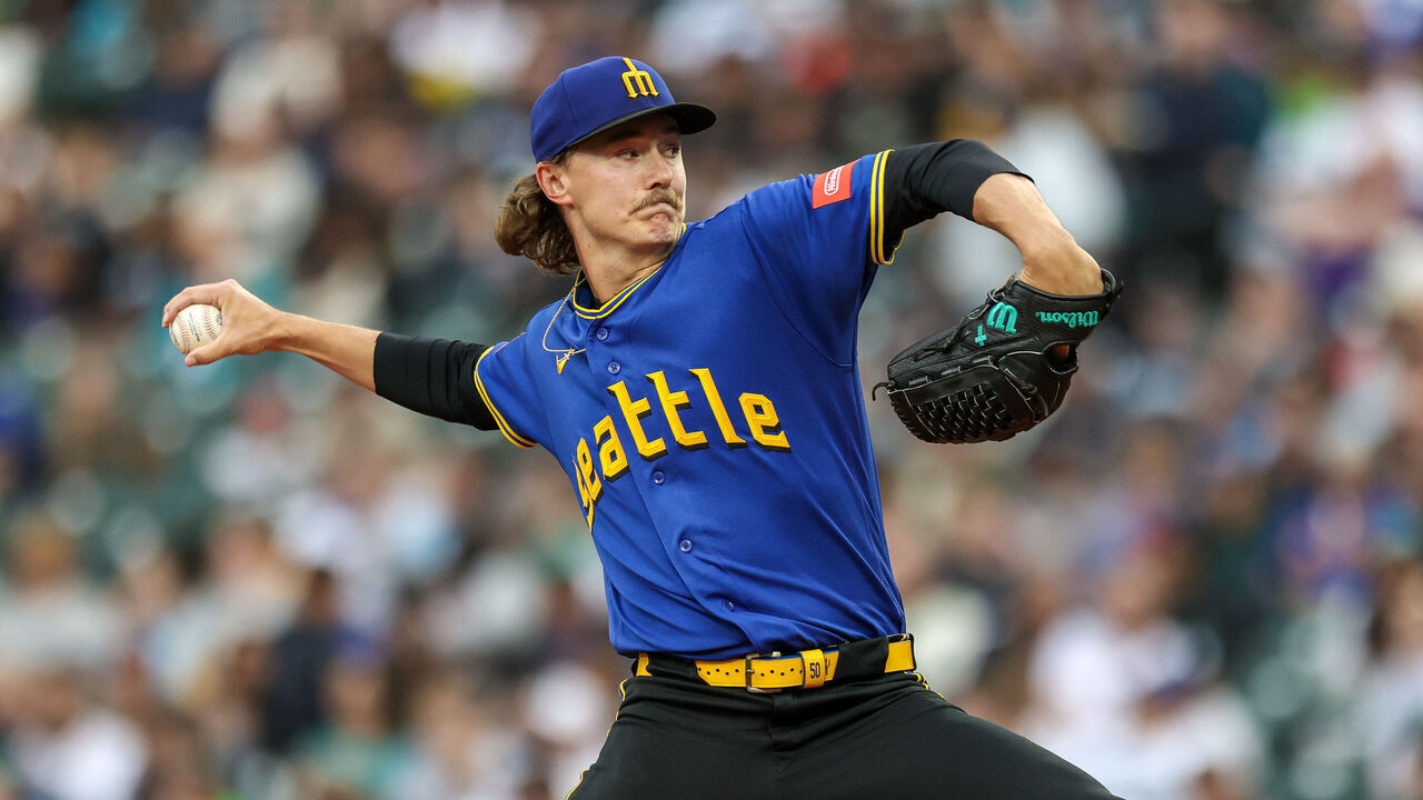 SEATTLE, WASHINGTON - JULY 02: Bryce Miller #50 of the Seattle Mariners delivers a pitch during the first inning against the Los Angeles Angels at T-Mobile Park on July 02, 2026 in Seattle, Washington.