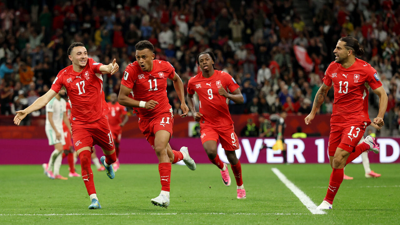 VANCOUVER, BRITISH COLUMBIA - JULY 02: Dan Ndoye #11 of Switzerland celebrates with teammates after scoring the team's second goal during the FIFA World Cup 2026 Round of 32 match between Switzerland and Algeria at BC Place Vancouver on July 02, 2026 in Vancouver, British Columbia.