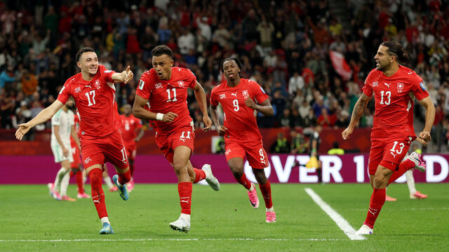 VANCOUVER, BRITISH COLUMBIA - JULY 02: Dan Ndoye #11 of Switzerland celebrates with teammates after scoring the team's second goal during the FIFA World Cup 2026 Round of 32 match between Switzerland and Algeria at BC Place Vancouver on July 02, 2026 in Vancouver, British Columbia.