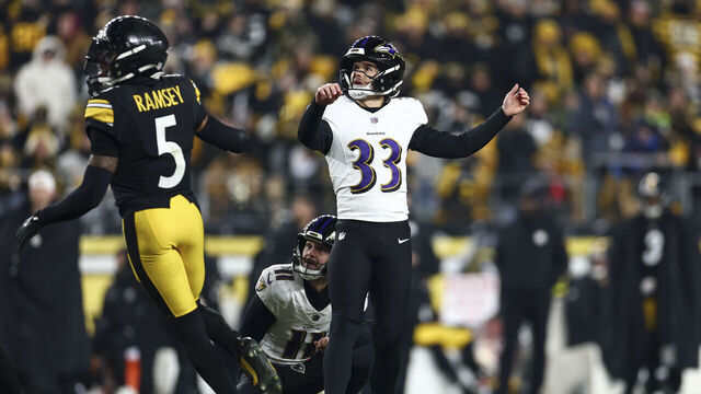 PITTSBURGH, PENNSYLVANIA - JANUARY 4: Tyler Loop #33 of the Baltimore Ravens kicks a field goal during an NFL football game against the Pittsburgh Steelers at Acrisure Stadium on January 4, 2026 in Pittsburgh, Pennsylvania.