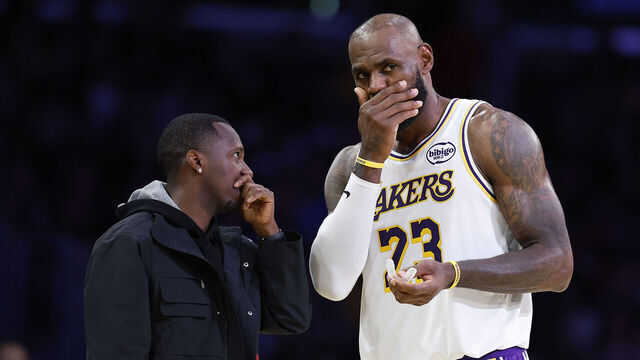 LOS ANGELES, CALIFORNIA - JANUARY 04: Rich Paul talks with LeBron James #23 of the Los Angeles Lakers in the second half at Crypto.com Arena on January 04, 2026 in Los Angeles, California.