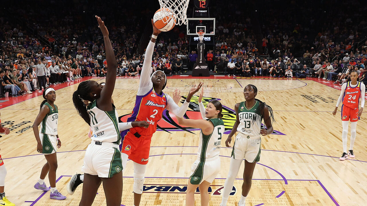 PHOENIX, ARIZONA - JULY 02: Kahleah Copper #2 of the Phoenix Mercury attempts a shot against Awa Fam #11 of the Seattle Storm during the first half of the WNBA game at Mortgage Matchup Center on July 02, 2026 in Phoenix, Arizona.