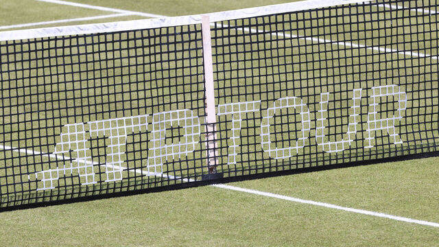 ' S-HERTOGENBOSCH, NETHERLANDS: Close up at the ATP TOUR logo on the net at a grass tennis court during the game of Hubert Hurkacz of Poland against Roberto Bautista Agut of Spain on Day 3 at Autotron the Rosmalen Grass Court Championships Libéma Open Tournament an ATP 250 event in Den Bosch, the Netherlands on June 11, 2025