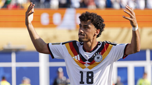 FOXBOROUGH, MASSACHUSETTS - JUNE 29: Nathaniel Brown #18 of Germany celebrates the goal of Kai Havertz #7 of Germany during the FIFA World Cup 2026 Round Of 32 match between Germany and Paraguay at Boston Stadium on June 29, 2026 in Foxborough, Massachusetts.