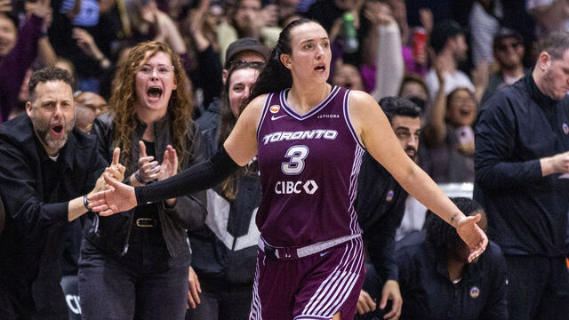 TORONTO, CANADA - JUNE 25: Marina Mabrey #3 of the Toronto Tempo celebrates after tying the WNBA single-game scoring record with 53 points during a game against the Los Angeles Sparks at Coca-Cola Coliseum on June 25, 2026 in Toronto, Canada.