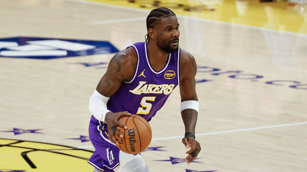 LOS ANGELES, CA - APRIL 29: Los Angeles Lakers center Deandre Ayton (5) dribbles the ball during game 5 of the West First Round between the Houston Rockets and the Los Angeles Lakers on April 29, 2026,, at Crypto.com Arena in Los Angeles, CA.