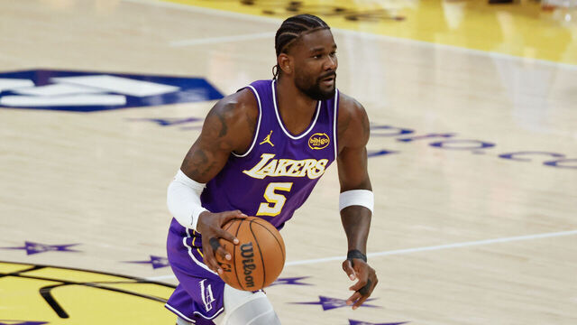 LOS ANGELES, CA - APRIL 29: Los Angeles Lakers center Deandre Ayton (5) dribbles the ball during game 5 of the West First Round between the Houston Rockets and the Los Angeles Lakers on April 29, 2026,, at Crypto.com Arena in Los Angeles, CA.