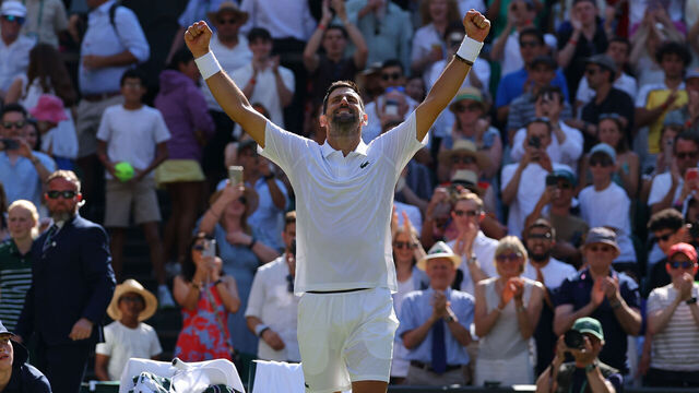 LONDON, ENGLAND - JULY 3: Novak Djokovic (SRB) celebrates as he wins the match against Arthur Rinderknech (FRA) on day five of The Championships Wimbledon 2026 at All England Lawn Tennis and Croquet Club on July 3, 2026 in London, England.