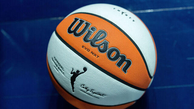 UNCASVILLE, CT - JUNE 19: A close up view of the Wilson logo and the WNBA logo on a WNBA official game ball before the WNBA game between the Toronto Tempo and the Connecticut Sun on June 19, 2026 at Mohegan Sun Arena in Uncasville, CT.