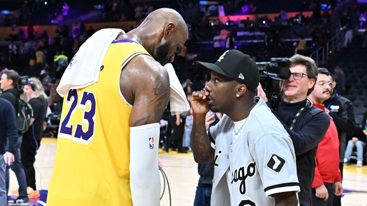 LOS ANGELES, CALIFORNIA - FEBRUARY 07: LeBron James (L) speaks with Rich Paul following a basketball game between the Los Angeles Lakers and the Golden State Warriors at Crypto.com Arena on February 07, 2026 in Los Angeles, California.