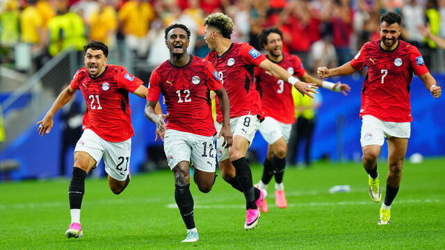 ARLINGTON, USA - JULY 03: Players of Egypt celebrate after winning at the shoot-out of the 2026 FIFA World Cup Round of 32 match between Australia and Egypt at Dallas Stadium in Arlington, Texas, United States on July 03, 2026.