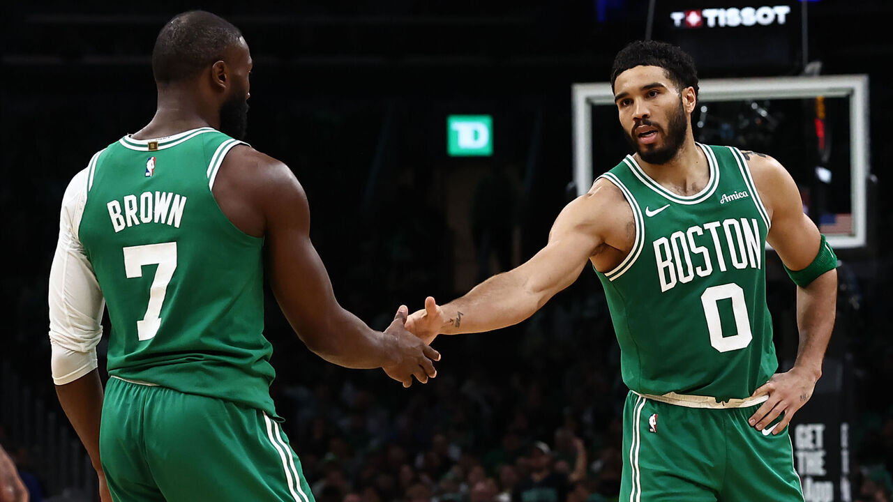 BOSTON, MA - MARCH 22: Jayson Tatum #0 of the Boston Celtics and Jaylen Brown #7 during the game against the Minnesota Timberwolves at TD Garden on March 22, 2026 in Boston, Massachusetts. NOTE TO USER: User expressly acknowledges and agrees that, by downloading and/or using this Photograph, user is consenting to the terms and conditions of the Getty Images License Agreement.