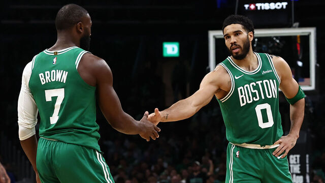 BOSTON, MA - MARCH 22: Jayson Tatum #0 of the Boston Celtics and Jaylen Brown #7 during the game against the Minnesota Timberwolves at TD Garden on March 22, 2026 in Boston, Massachusetts. NOTE TO USER: User expressly acknowledges and agrees that, by downloading and/or using this Photograph, user is consenting to the terms and conditions of the Getty Images License Agreement.