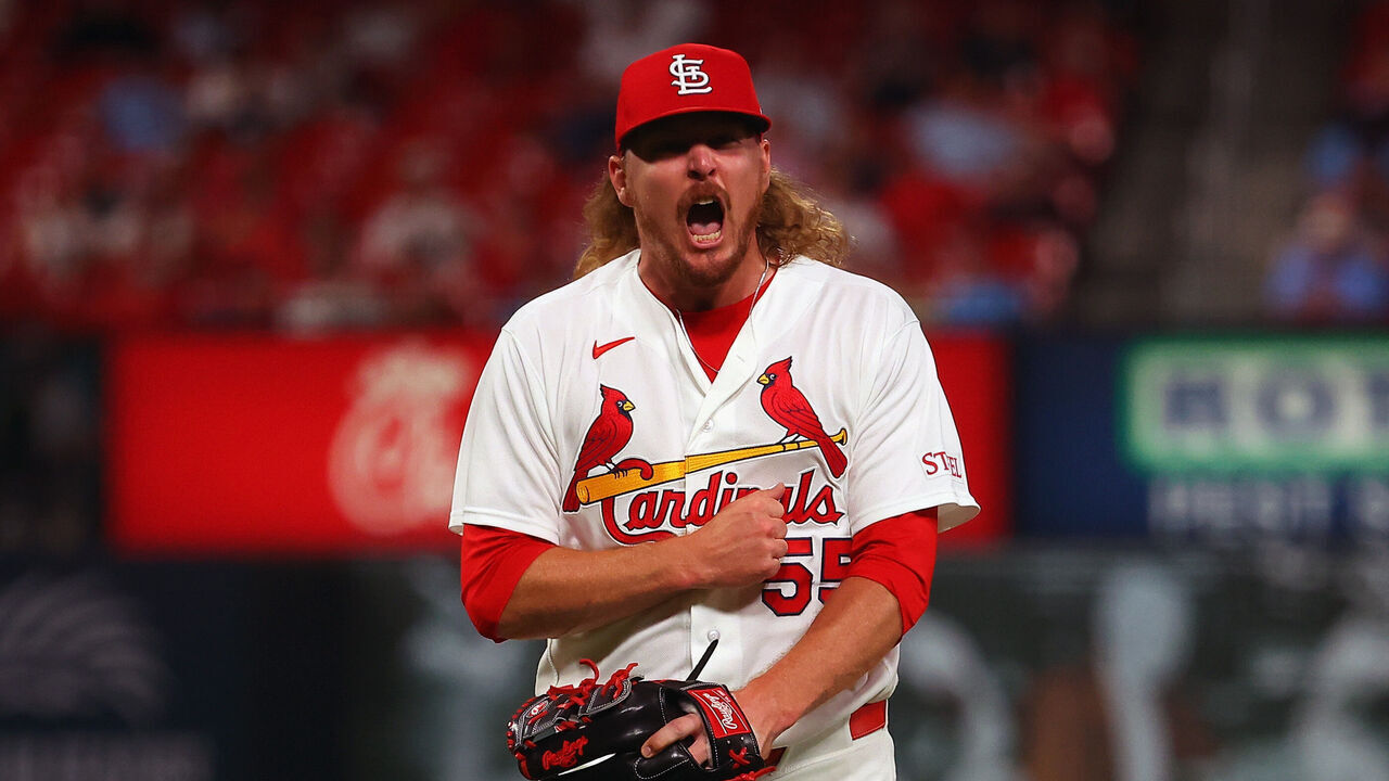 ST LOUIS, MISSOURI - JUNE 16: Ryne Stanek #55 of the St. Louis Cardinals celebrates after recording the final out of the eighth inning against the San Diego Padres at Busch Stadium on June 16, 2026 in St Louis, Missouri.