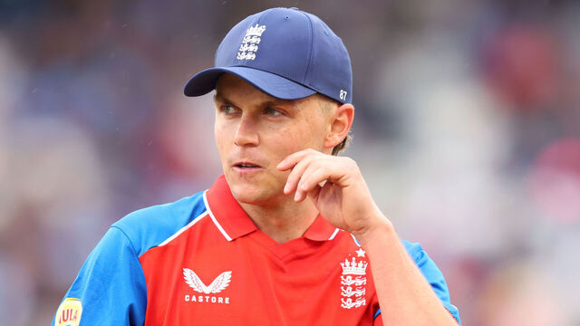 CHESTER-LE-STREET, ENGLAND - JULY 01: Sam Curran of England looks on during the first Vitality IT20 match between England and India at Banks Homes Riverside Stadium on July 01, 2026 in Chester-le-Street, England.