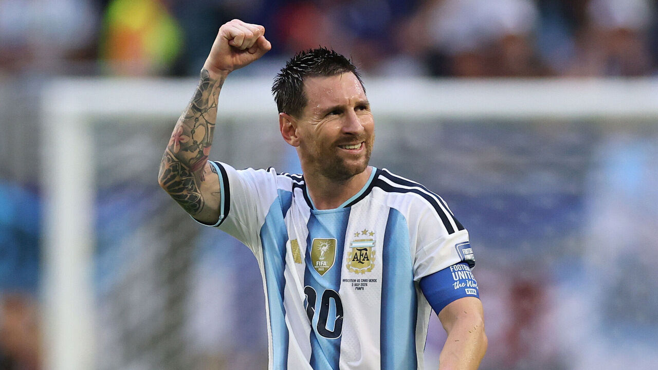 MIAMI GARDENS, FLORIDA - JULY 03: Lionel Messi #10 of Argentina celebrates scoring his team's first goal during the FIFA World Cup 2026 Round of 32 match between Argentina and Cabo Verde at Miami Stadium on July 03, 2026 in Miami Gardens, Florida.