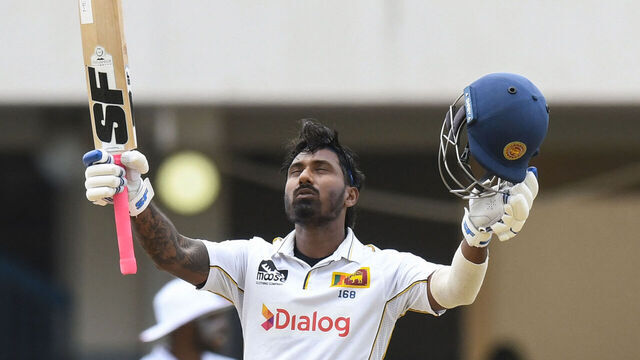 Lahiru Udara of Sri Lanka celebrates his century during the 1st day of the 2nd Test between Sri Lanka and West Indies at Vivian Richards Cricket Stadium in North Sound, Antigua and Barbuda, on July 3, 2026.